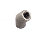 A black metal 45° elbow fitting with male NPT threads.