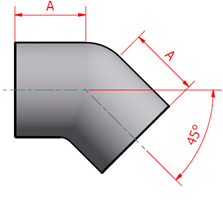 A technical drawing of a 45° elbow fitting, showing the curved section and threaded end. Dimensions for width ("A") are indicated.