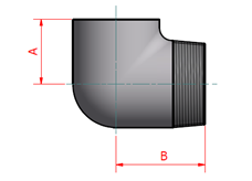 A cross-sectional diagram illustrating an elbow fitting. The diagram shows the curved section of the fitting and the threaded end. Dimensions are labeled "A" and "B".