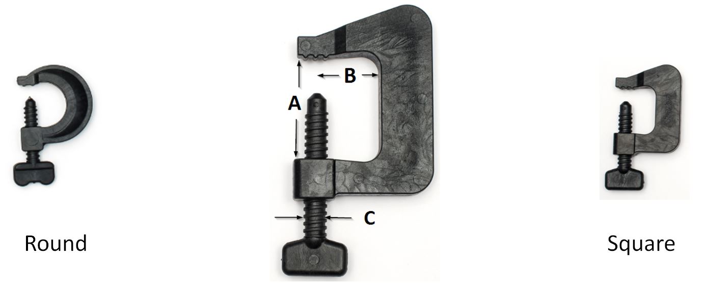 Euro clamps A comparison photo of two plastic clamp types: a round clamp and a square clamp with dimensions A, B, and C indicated on the square clamp.