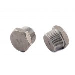 Two metal pipe plugs with hexagonal heads and male NPT threads.
