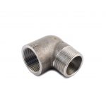 A black metal 90° elbow fitting with male NPT threads.