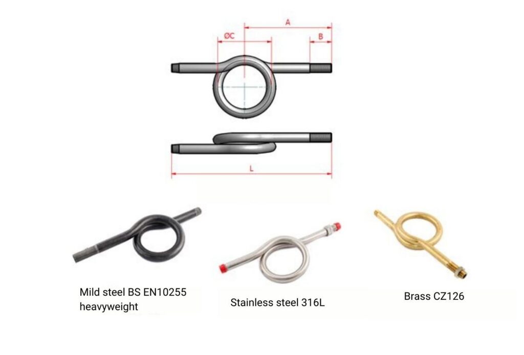 Diagram with dimensions of ring syphons from CMT Engineering, in mild steel, stainless steel and brass
