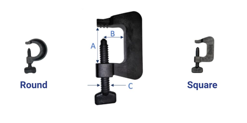Euro clamps A comparison photo of two plastic clamp types: a round clamp and a square clamp with dimensions A, B, and C indicated on the square clamp.