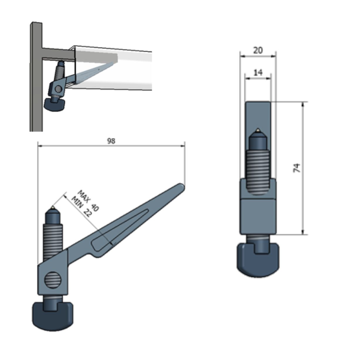 Technical drawings of Spartan Wedge Clamp showing its application in securing a hollow section from the inside and its dimensions