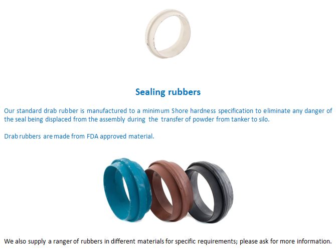 Image illustrating a range of sealing rubbers with different materials and colors, suitable for various applications. The text emphasizes the use of FDA-approved materials and mentions a minimum Shore hardness specification.