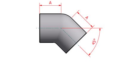 A cross-sectional diagram illustrating a 45° elbow fitting. The diagram shows the curved section of the fitting and the threaded end. Dimensions are labeled "A".