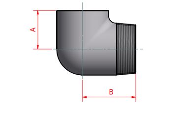 A cross-sectional diagram illustrating a 90° elbow fitting. The diagram shows the curved section of the fitting and the threaded end. Dimensions are labeled "A" and "B".