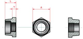A technical drawing of a hydraulic fitting with dimensions labeled "L", "T", and "A" for length, thread depth, and width across flats, respectively.