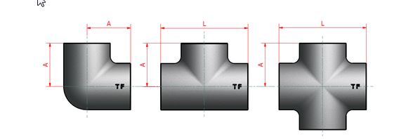A technical drawing illustrating three types of pipe fittings: a 90° elbow, a tee fitting, and a cross fitting. Dimensions "A" and "L" are indicated for each fitting.