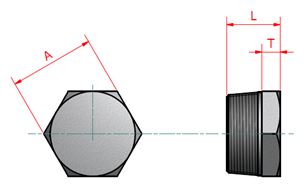 A diagram of a hexagonal nut showing its dimensions. The dimensions are labeled "A", "L", and "T".