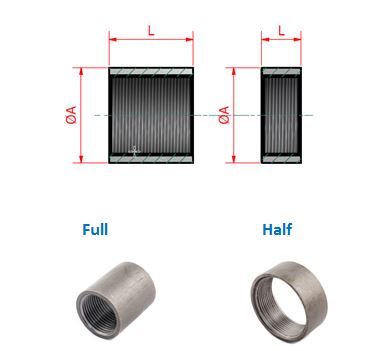 A technical drawing comparing full and half couplings. The diagram shows the cross-section of each type, with dimensions for length (L) and outside diameter (ØA).