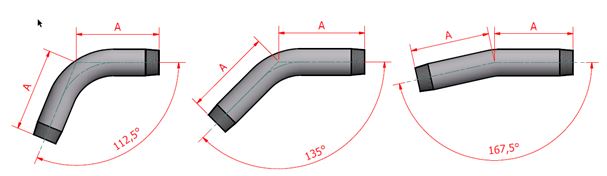 WI spring bends photo A diagram showing three different types of elbows with varying angles: 112.5°, 135°, and 167.5°. Each elbow is labeled with dimension "A."