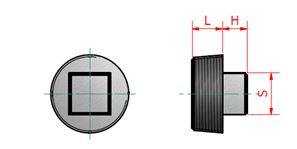 A diagram of a square head pipe plug with dimensions labeled "L", "H", and "S".