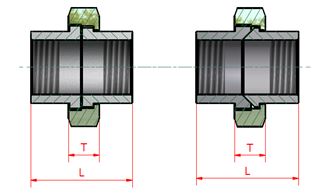 WI unions photo 1 A cross-sectional diagram illustrating two female socket unions. The diagram shows the threaded ends of the unions and the internal female sockets. Dimensions are labeled with "T" and "L".