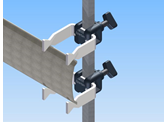 box clamp 5 A diagram of a clamp mechanism with two white arms attached to a vertical pole. The clamp is holding a pipe in place.