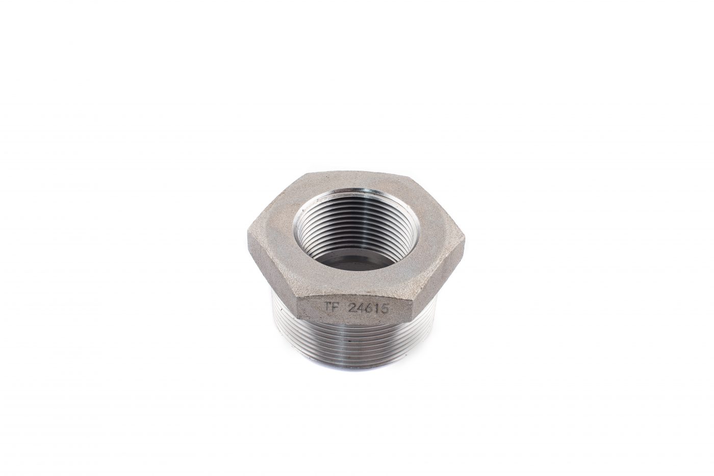 A metal pipe fitting with a hexagonal head and male NPT threads