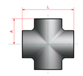 A cross-sectional diagram illustrating a cross fitting. The diagram shows the four branches of the fitting, with dimensions labeled "L" and "A".