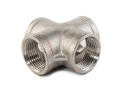 A stainless steel cross fitting with female NPT threads.
