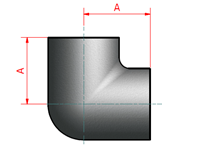 A cross-sectional diagram illustrating a 90° elbow fitting. The diagram shows the curved section of the fitting and the threaded end. Dimensions are labeled "A".