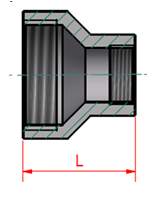 A technical drawing of a mechanical component with a cylindrical shape, featuring a cross-sectional view. The component has a flanged end on the left and a threaded section on the right. The length of the component is labeled as "L" in red at the bottom.