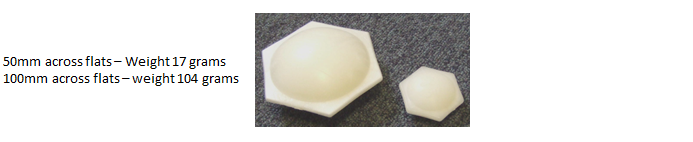 hex float 1 Two white plastic hex nuts. The larger nut has a 100mm across flats dimension and weighs 104 grams. The smaller nut has a 50mm across flats dimension and weighs 17 grams.