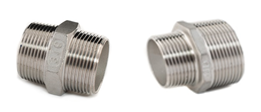 Two stainless steel pipe nipples with external threads on both ends. The nipple on the left is longer than the one on the right.