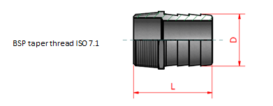 A technical drawing of a BSP taper thread ISO 7.1 fitting. The fitting is shown in a side view with dimensions labeled as D (diameter) and L (length). The fitting has a threaded section and a smooth section.