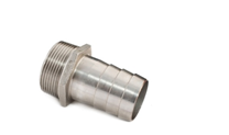 A metal pipe fitting or adapter is shown against a white background. The fitting has a threaded end on one side and a straight barbed or ribbed connection on the other side, made of what appears to be stainless steel or similar metal. It's photographed from a slight angle to show both connection types.
