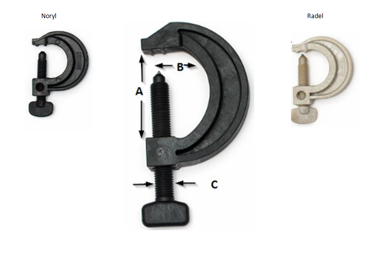 new trio Two types of clamps. The one on the left is black and labelled "Noryl." The one on the right is beige and labelled "Radel." Dimensions A, B, and C are indicated on the Noryl clamp.