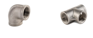 Two stainless steel pipe fittings with female NPT threads. The fitting on the left is an elbow, and the fitting on the right is a tee.