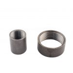 Two metal pipe couplings, one full and one half, with threaded ends.