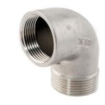 A stainless steel elbow fitting with female NPT threads.