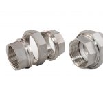 Two stainless steel unions, one disassembled showing the individual components, and one assembled.


