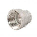 A metallic threaded pipe fitting with a wide opening and internal threading, tapering to a narrower end.