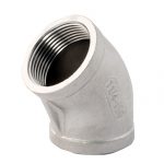 A stainless steel 45° elbow fitting with female NPT threads.