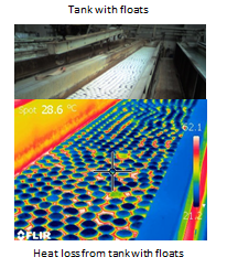 tanjk 2 A thermal image showing heat loss from a tank with floats. The image shows a color-coded temperature map, with red indicating the hottest areas. The floats create a pattern of cooler spots on the surface of the liquid.