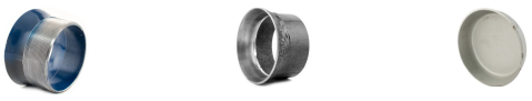 The image shows three different types of pipe fittings. The first fitting on the left is a blue and silver metallic coupling. The middle fitting is a metallic reducer with a rough surface. The fitting on the right is a white plastic cap.