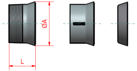 A technical drawing of a cylindrical object with three different views. The left view shows the object with dimensions labeled as diameter (ØA) and length (L). The middle view shows the object from the side, and the right view shows the object from the front.