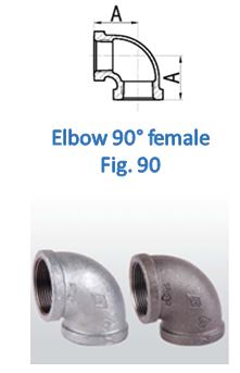 Diagram and photograph of a 90-degree female elbow pipe fitting. The diagram shows the dimensions labeled 'A' for the fitting. Below the diagram, the text reads 'Elbow 90° female Fig. 90.' The photograph shows two metal elbow fittings, one in a silver color and the other in a darker, possibly bronze color.