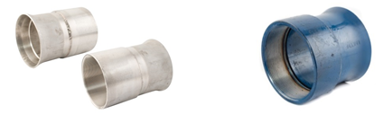 three metal pipe fittings. Two of the fittings are silver-colored and placed on the left side of the image, while the third fitting is blue-colored and placed on the right side of the image. The fittings appear to be cylindrical and are likely used for connecting sections of pipe in plumbing or industrial applications.