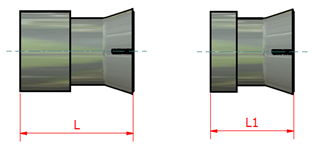 two side-by-side cross-sectional views of cylindrical objects with flared ends. The left object is labeled with the length "L," and the right object is labeled with the length "L1." Both objects have a central axis indicated by a dashed line.