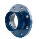 A blue metal flange with a cylindrical extension and multiple bolt holes around its perimeter.
