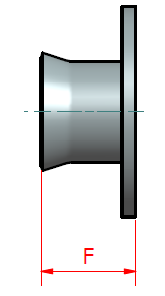 A side view of a mechanical component with a flange on the right side. The component has a conical section on the left and a cylindrical section in the middle. A red double-headed arrow labeled "F" indicates the distance between the leftmost and rightmost points of the component.