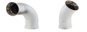 Two white plastic plumbing fittings or pipe elbows are shown against a plain background. Both are 90-degree elbow joints with smooth white exteriors and darker openings at each end. The fittings are photographed from slightly different angles to show their curved shape and connection points.