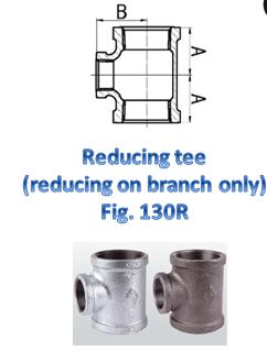 Diagram and photograph of a reducing tee pipe fitting. The diagram shows the dimensions labeled as A and B, indicating the size of the main pipe and the branch pipe, respectively. Below the diagram, the text reads "Reducing tee (reducing on branch only) Fig. 130R." Two photographs of the reducing tee are shown, one in a metallic finish and the other in a darker finish.