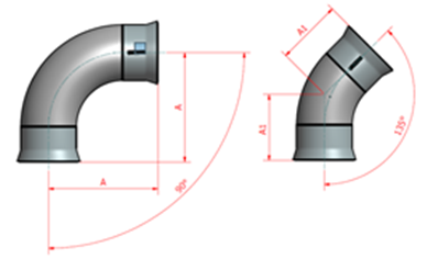 The image shows two types of pipe elbows with dimensions and angles labeled. The first elbow is a 90-degree elbow with dimension "A" marked. The second elbow is a 135-degree elbow with dimensions "A1" and "A2" marked. The angles and dimensions are highlighted in red.