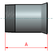 A cylindrical object with a threaded section on the left and a flared end on the right. The length of the cylinder is labeled "A" with red arrows indicating the measurement from one end to the other.