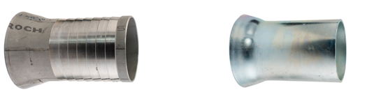 The image shows two metal pipe fittings or couplings side by side. The left fitting appears to be stainless steel with visible ridged banding or ribbing around its exterior. The right fitting is smoother and has a more polished or galvanized appearance. Both are straight cylindrical connectors photographed from a similar angle.