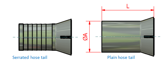 The image shows two types of hose tails. The left side depicts a serrated hose tail with multiple ridges along its length. The right side shows a plain hose tail with a smooth surface. The plain hose tail has dimensions labeled: length (L) and diameter (ØA).